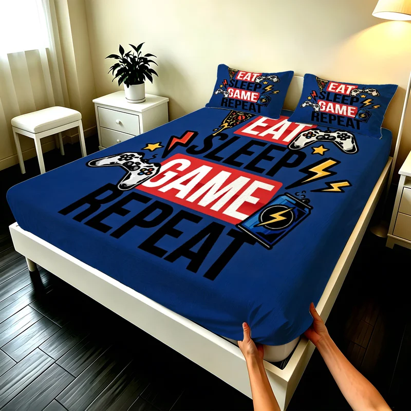 3Pcs Microfiber Fitted Sheet Set,Deep Pocket,Multi-Sizes,Durable,Eat Sleep Game Repeat Print,Gamer Birthday or Holiday Gift