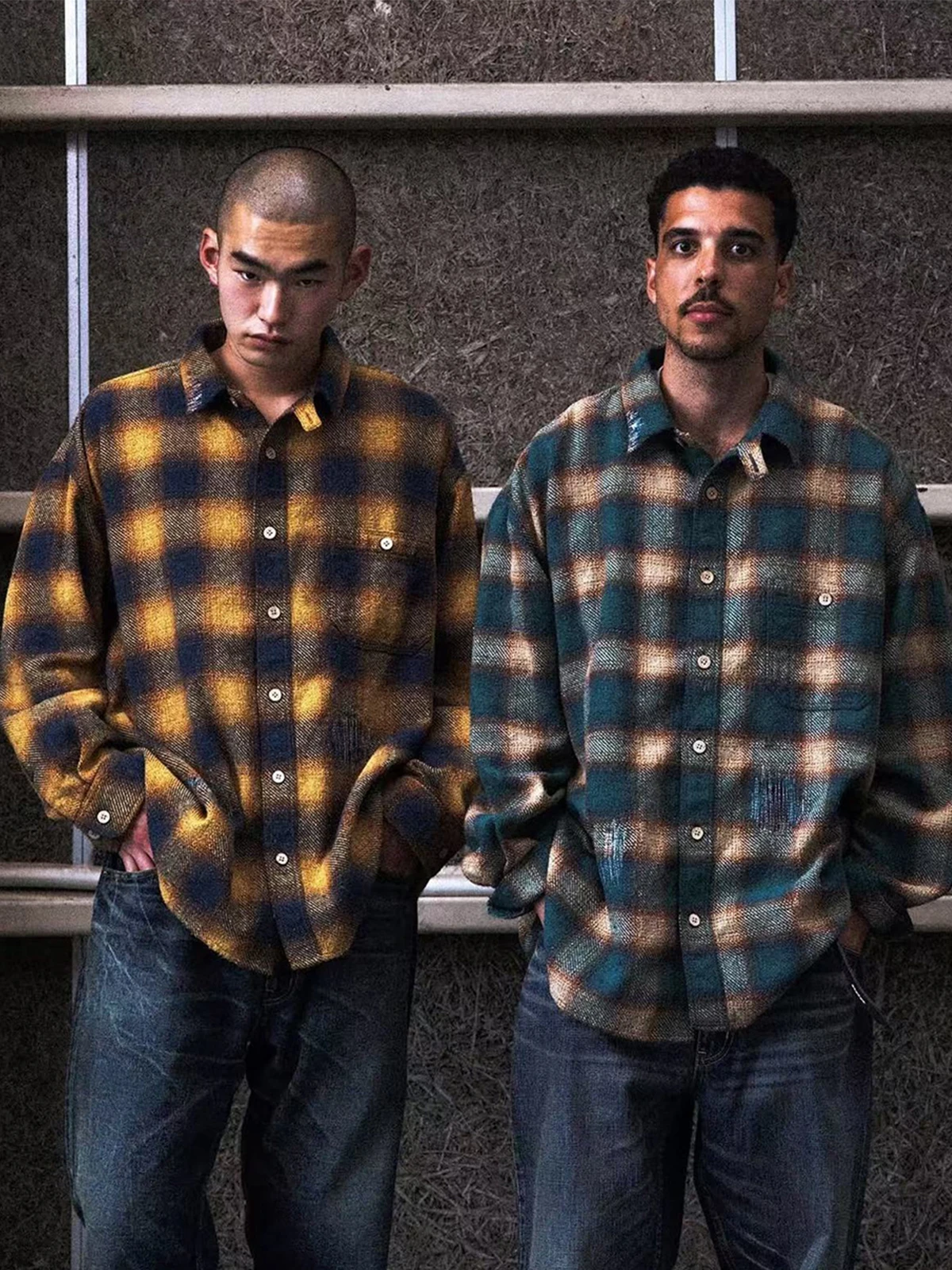 

MADN BG Flannel irt Heavyweight Japanese Sle Destroyed Plaid Long Sve Casual Cotton irt for Men Spring Autumn