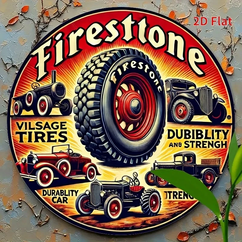 2D Flat, 1-Piece Vintage Firestone Tire Metal Wall Art Sign - 8x8inch Vintage Aluminum Decoration with Classic Car and Truck Design, Durable
