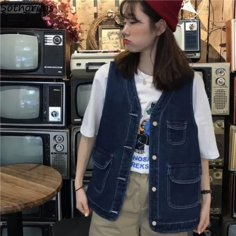 

Women Denim Vests Y2k Korean Style Cargo Waistcoats Loose Popular Spring V-neck Retro Students All-match Streetwear New Design