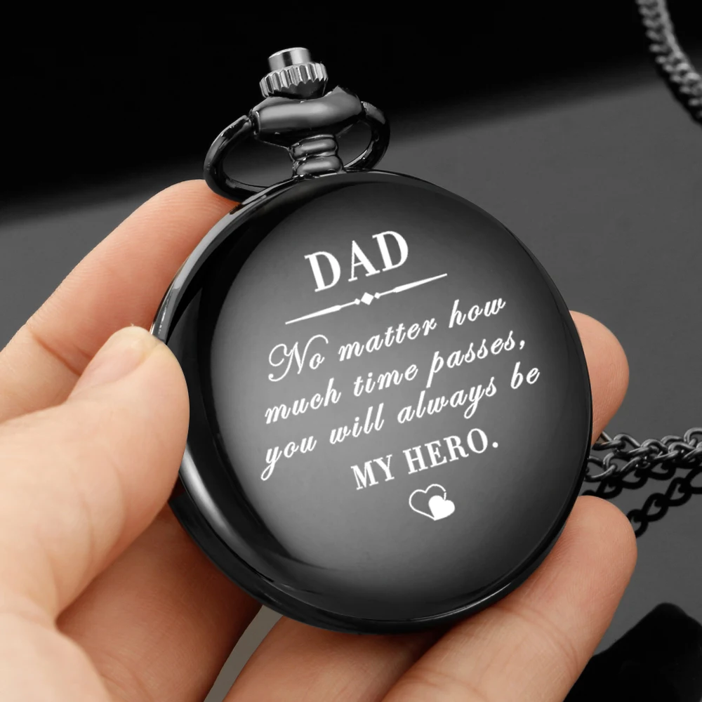 

DAD MY HERO carving english alphabet face pocket watch a belt chain Black quartz watch birthday perfect gift for father