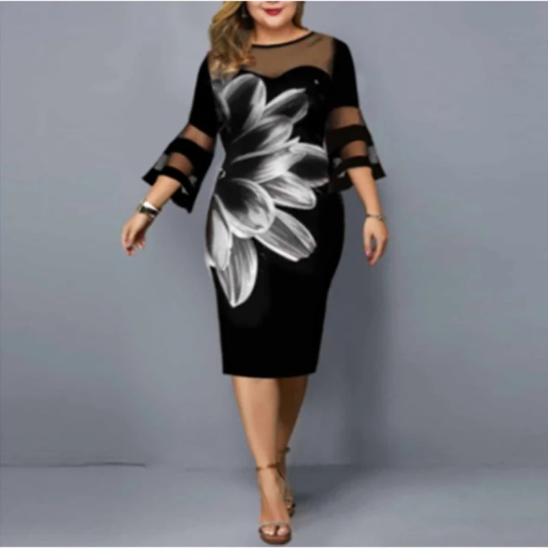 Plus Size 5XL Mesh Patchwork Women Dress 2023 Spring Vintage Floral Printed Elegant Ladies Party Dresses Casual Female Vestidos