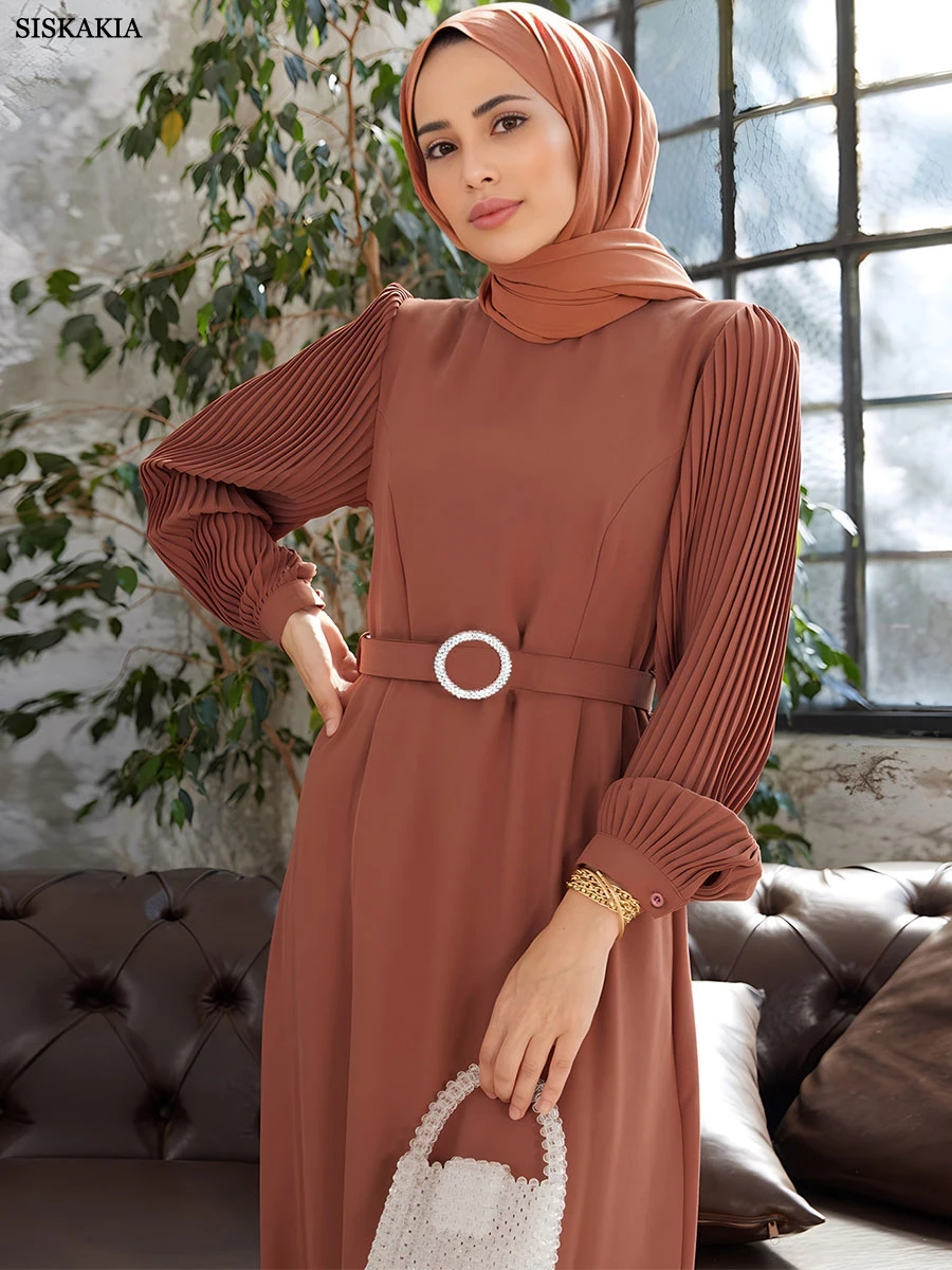 Siskakia Solid Crimping O-Neck Puff Sleeve Long Dress With Belt For Islamic And Muslim Woman Elegant Moroccan Stylish Abaya 2024