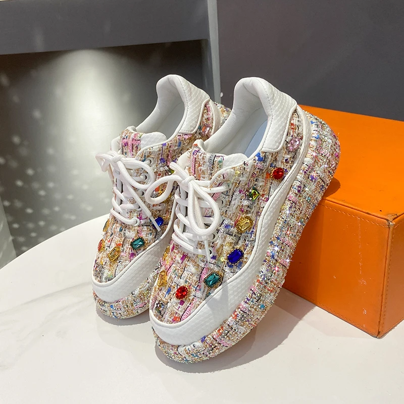 2026 Autumn Water Diamond Thick Bottom Shining Crystal Sports Shoes Luxury Designer Shoes Trendy Casual Flat Shoes Zapatos Mujer