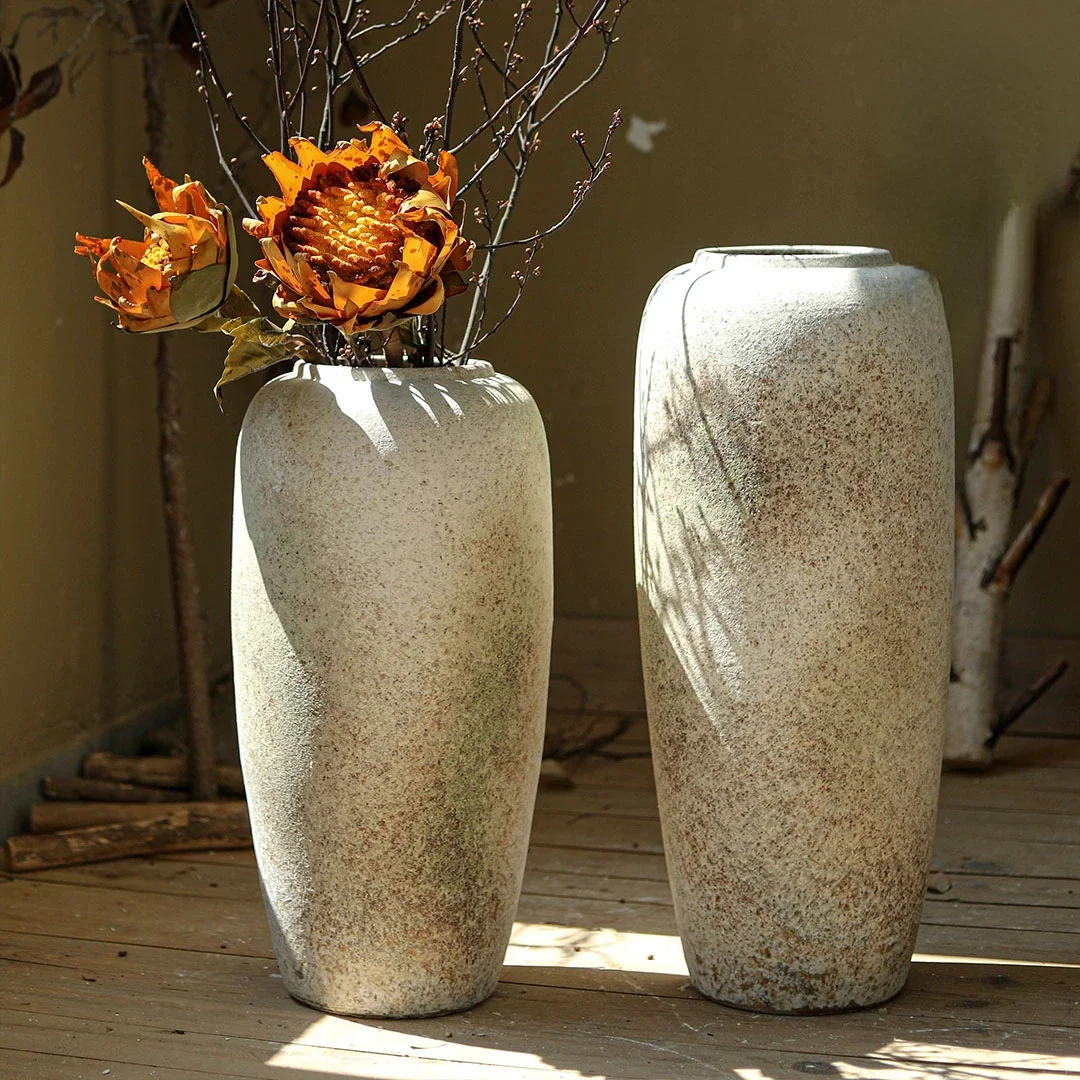 Floor-to-ceiling large vase, vintage stoneware wabi-sabi style ceramic ornaments, famous living room flower arrangers