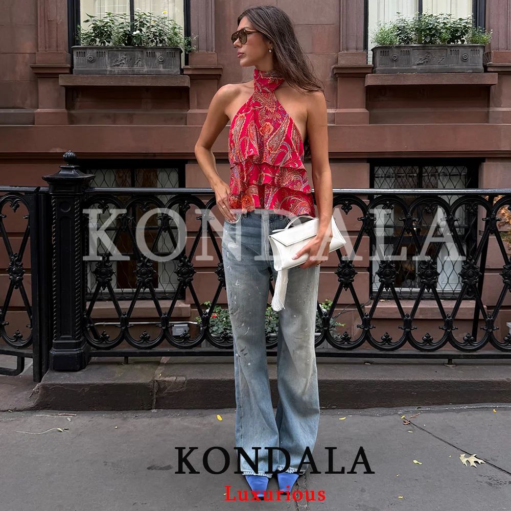 KONDALA Casual Chic Women Print Suit Halter Sleeveless Chiffon Loose Top Belt Loose Long Skirt Fashion 2026 Fall Boho Female Set image 3
