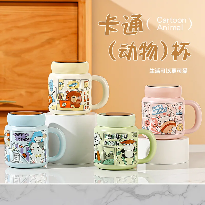 Cute mug with lid and spoon high-value ceramic water cup color box girls cartoon office couple cup