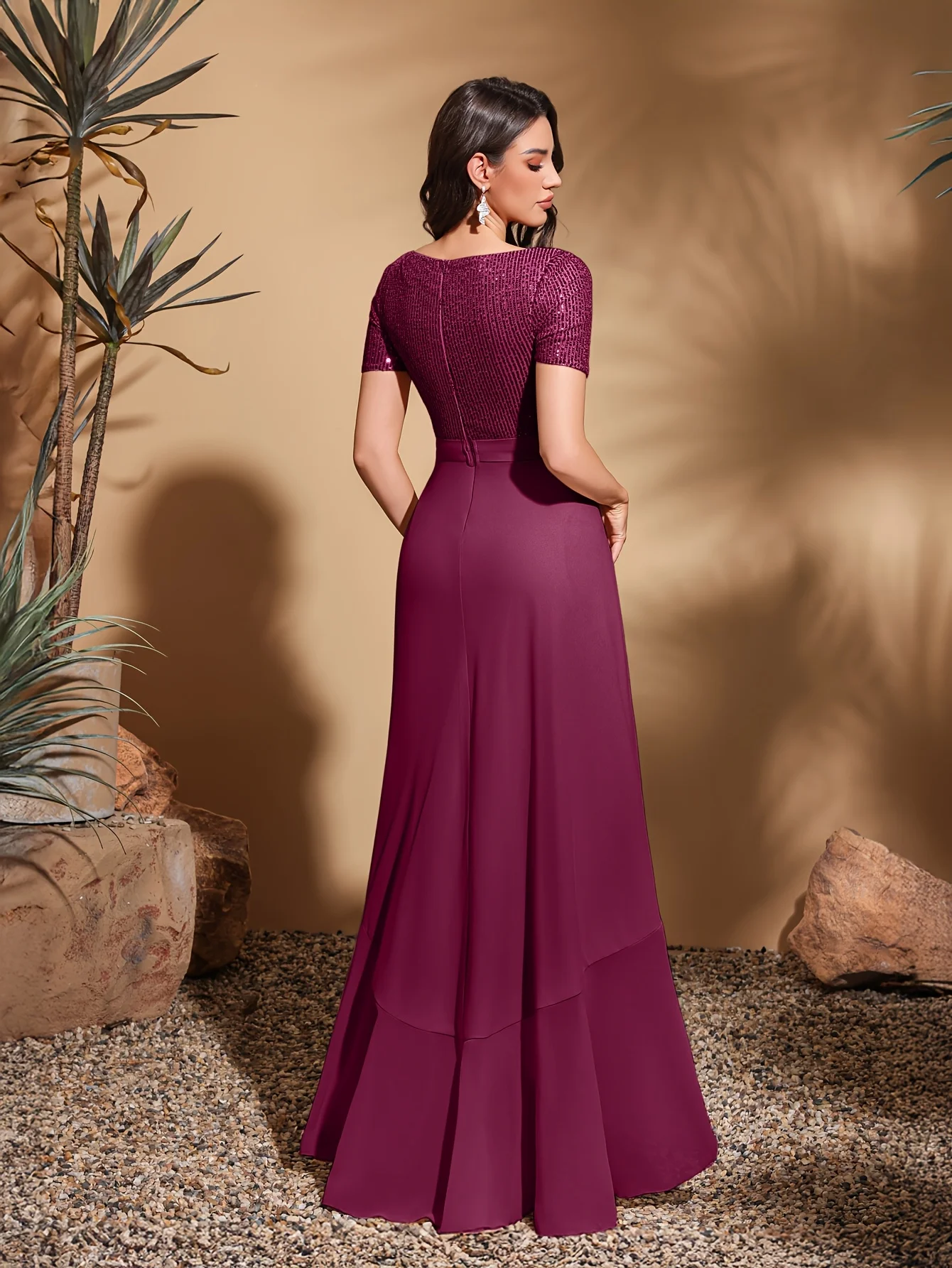 V-neck short-sleeved sequined chiffon pleated asymmetrical hem dress