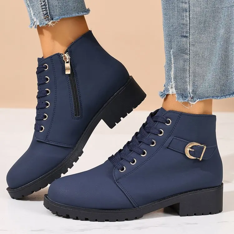 Damen-Stiefeletten mit runder Spitze, Schnürung, D-Metallschnalle, seitlichem Reißverschluss, niedrigem Blockabsatz, für den Alltag, Streetwear und Outdoor – Detail 7