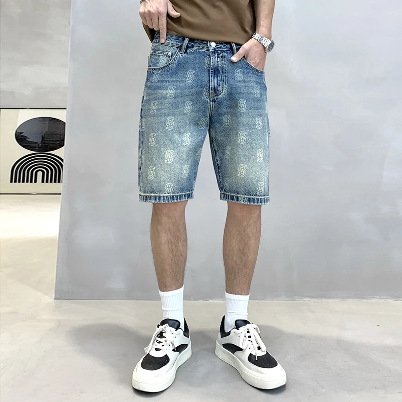 Men's Denim Shorts2024Summer New Fashion Printed Pants Loose Personality All-Matching Fashion Brand Korean Style Fifth Pants