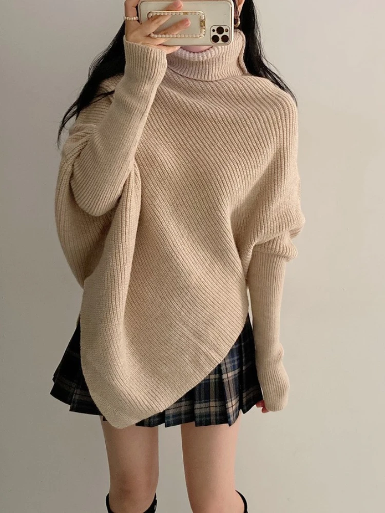 Korean Irregular Sweater Pullover Women Clothes Autumn Winter Bat Sleeve High Neck Thick Loose Split Knitted Long Sleeve Tops