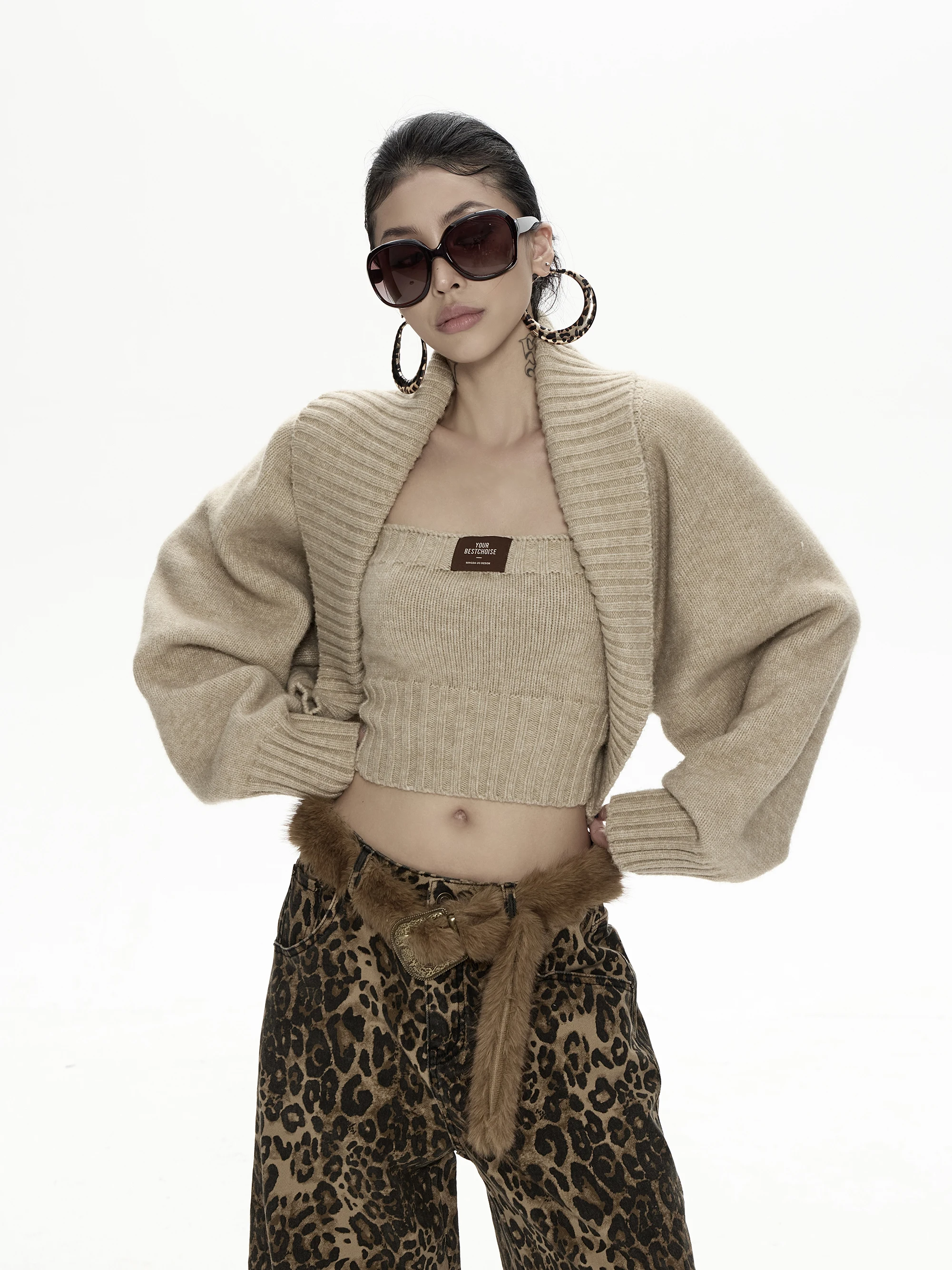 STYLMW Jingzi Women's Knitted Sweater Set Crop Top Outerwear Cardigan Two-Piece Ensemble Autumn Fashion Casual Vintage Style