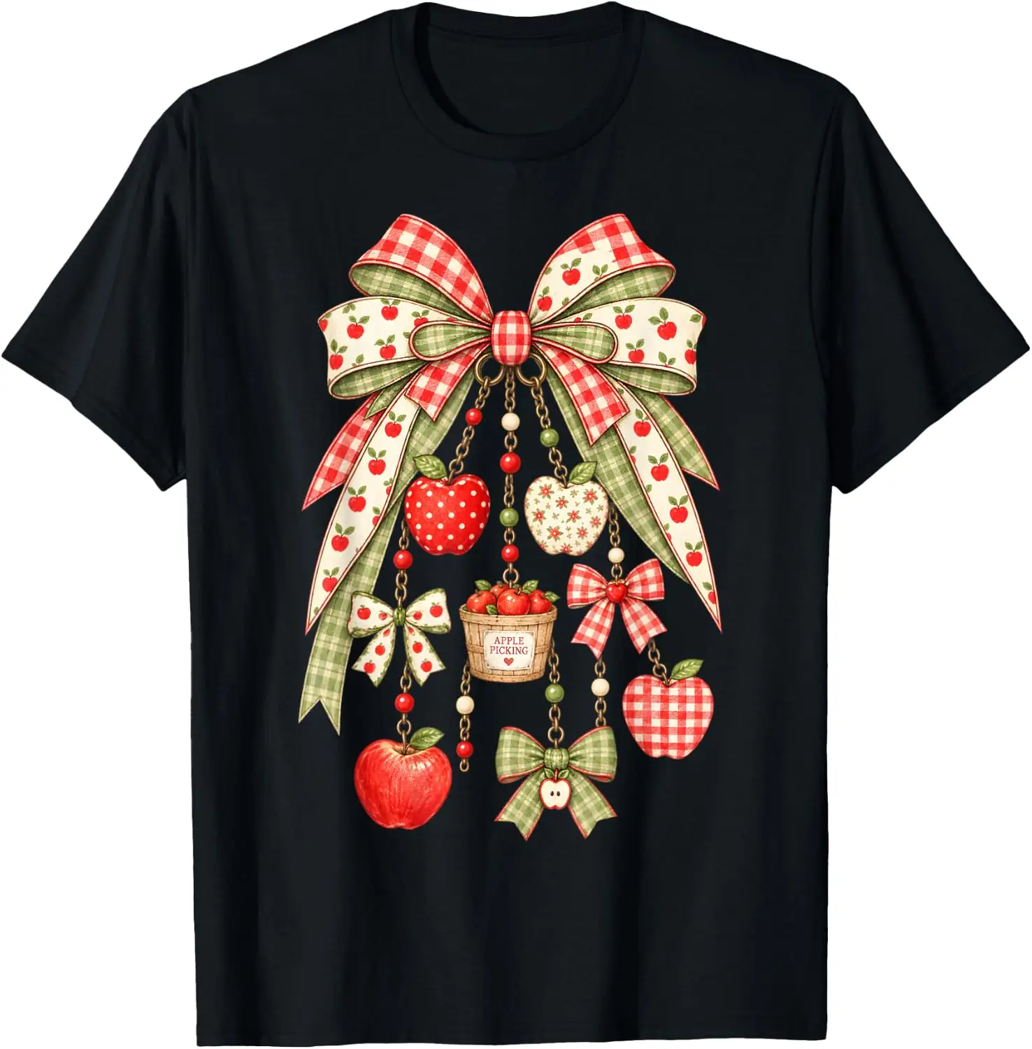 Apple Picking Coquette Bow Harvest Season Women Teacher Kids T-Shirt Breathable, heavyweight pure cotton short-sleeve top—stylish, plus-size, and suitable for year-round wear with a sporty, casual vibe