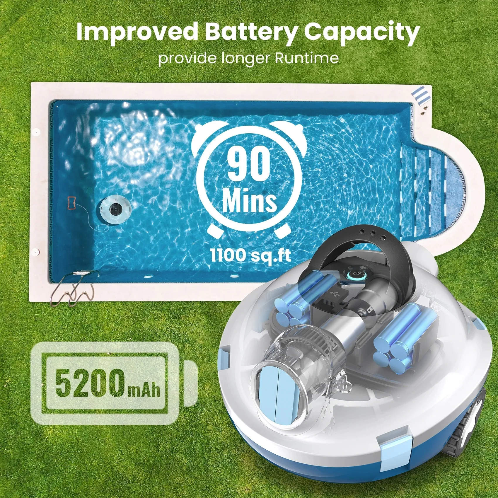 INSE Y10 Cordless Robotic Pool Vacuum Cleaner 90 Mins Runtime Self-Parking Dual Suction Inlets About 65 Ft/1100 Sq.Ft Pool Clean