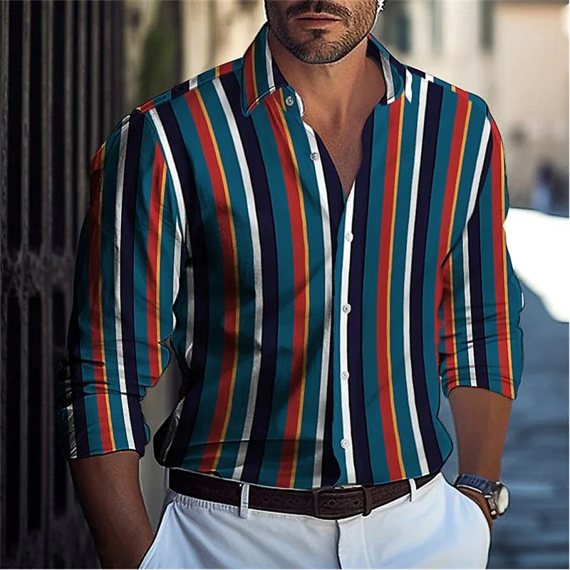 Camisa con estampado 3D para hombre, camisa informal de negocios a rayas de manga larga con solapa, cómoda y elegante, para primavera y verano, novedad de 2024