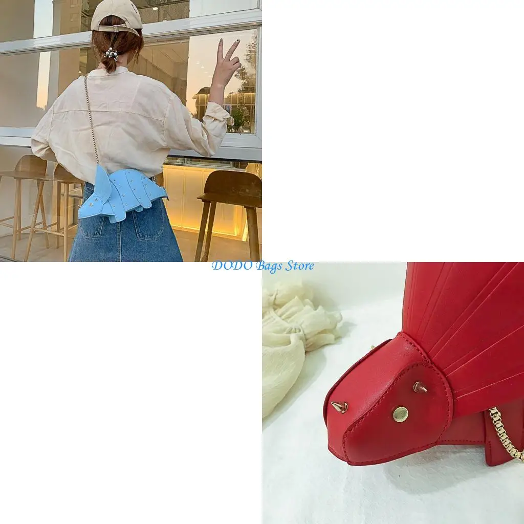 

Женская мода в форме динозавра из искусственной кожи с заклепками и цепочкой через плечо для девочек