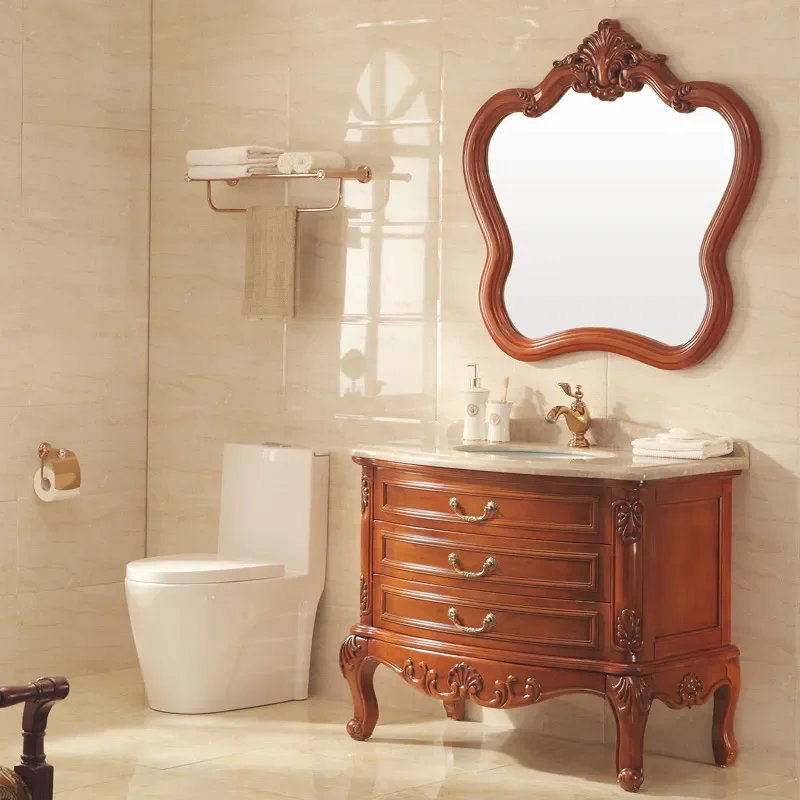 Oak Solid Wood Bathroom Vanity Cabinet Floor Standing Single Sink Washbasin Unit Modern European Style Storage Combo for