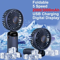 Handheld Mini Fan Foldable Portable Neck Hanging Fans 3000mAh 5 Speed USB Rechargeable Fan with Phone Stand and Display Screen