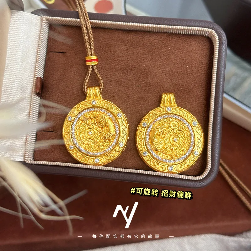 

9999 24 К настоящий золотой светильник, роскошный точечный бриллиант, вращающийся Lucky Pixiu, медная монета, компас, кулон, подвеска-цепочка для свитера для женщин