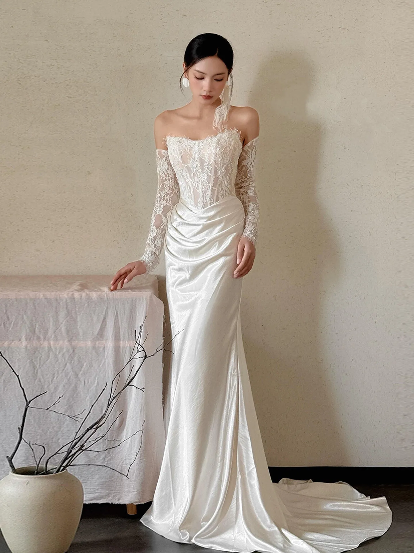 Strapless Lace Corset Mermaid Wedding Dress Detachable Long Lace Sleeves Draped Satin Skirt Train Bridal Gown Sheer Bodice