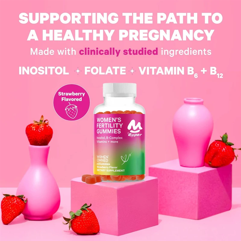 Fertility 60 gummies: Female strawberry fertility supplement, healthy cycle, prenatal vitamins, inositol+vitamin B6+folic acid,