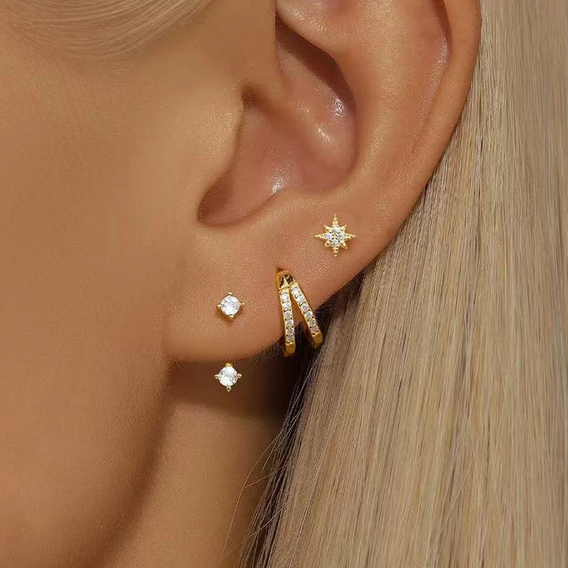 3PCS Trendy Doppel-schicht Kreis Kubikzircon Stern Hängen Ohrringe Set Für Frauen Koreanische Mode Schmuck pendientes mujer
