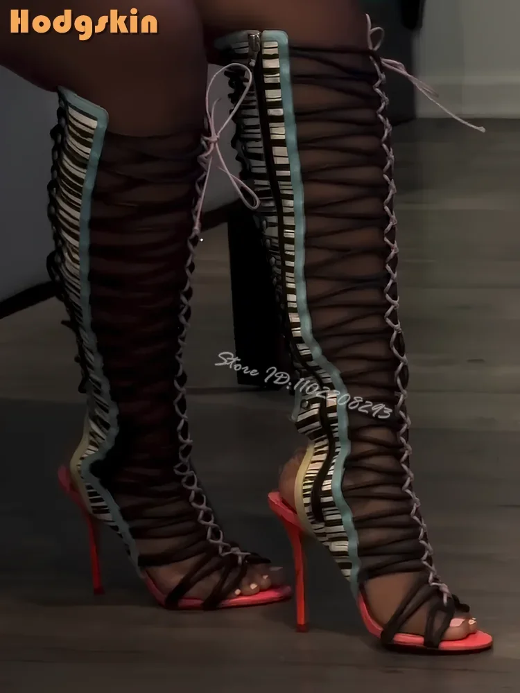 Mix-color Cross-tied Sandals Sexy Open Toe Lace-up Knee-high Boots Strappy Catwalk Modern Shoes High Heels 2025 Summer Women