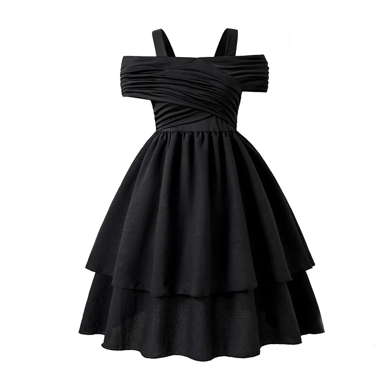 Fashion Toddler Girls Clothes Black Off-Shoulder Pleated Princess Dress For Teens Party Casual Formal Outfit Children's Clothing