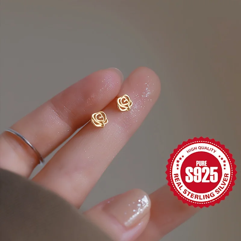 

S925 silver rose earrings for women, hypoallergenic, perfect gift for dating, versatile for daily wear