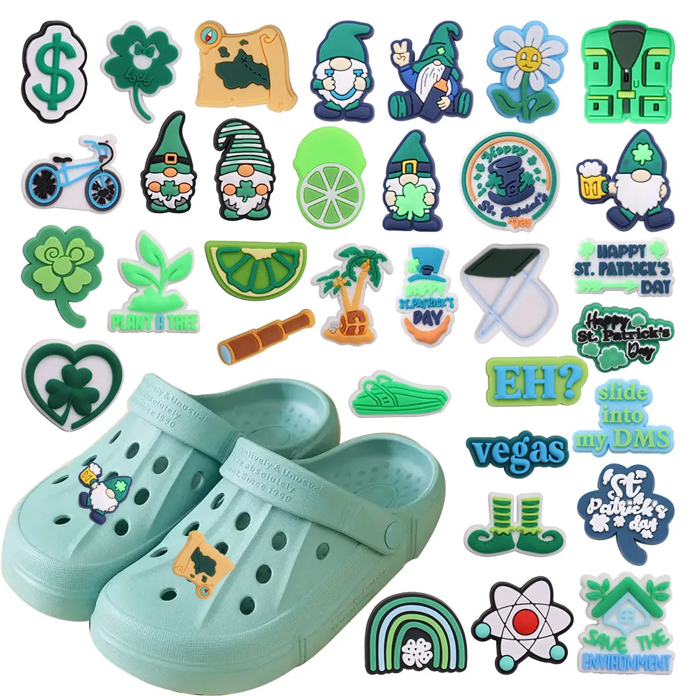 

1-34PCS Ireland Happy ST Patrick's Day Four-leaf Clover PVC Shoe Charms Accessories Hole Slipper Ornaments Holiday Present