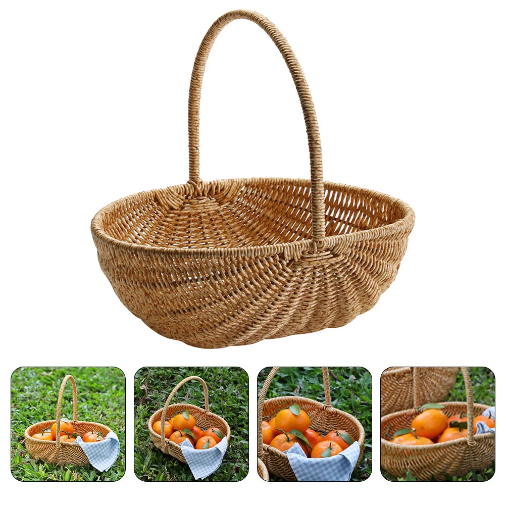 

Shopping Basket Gift Packing Egg Handle Design Woven Plastic Rattan Desktop Storage Rustic Handwoven