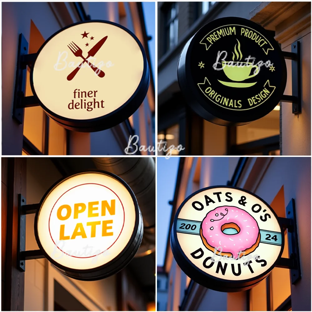 Custom Double Sided LED Signage Sign Personalized Exterior Round Sign Wall Mounted Illuminated Advertising Bedding Lightbox Logo