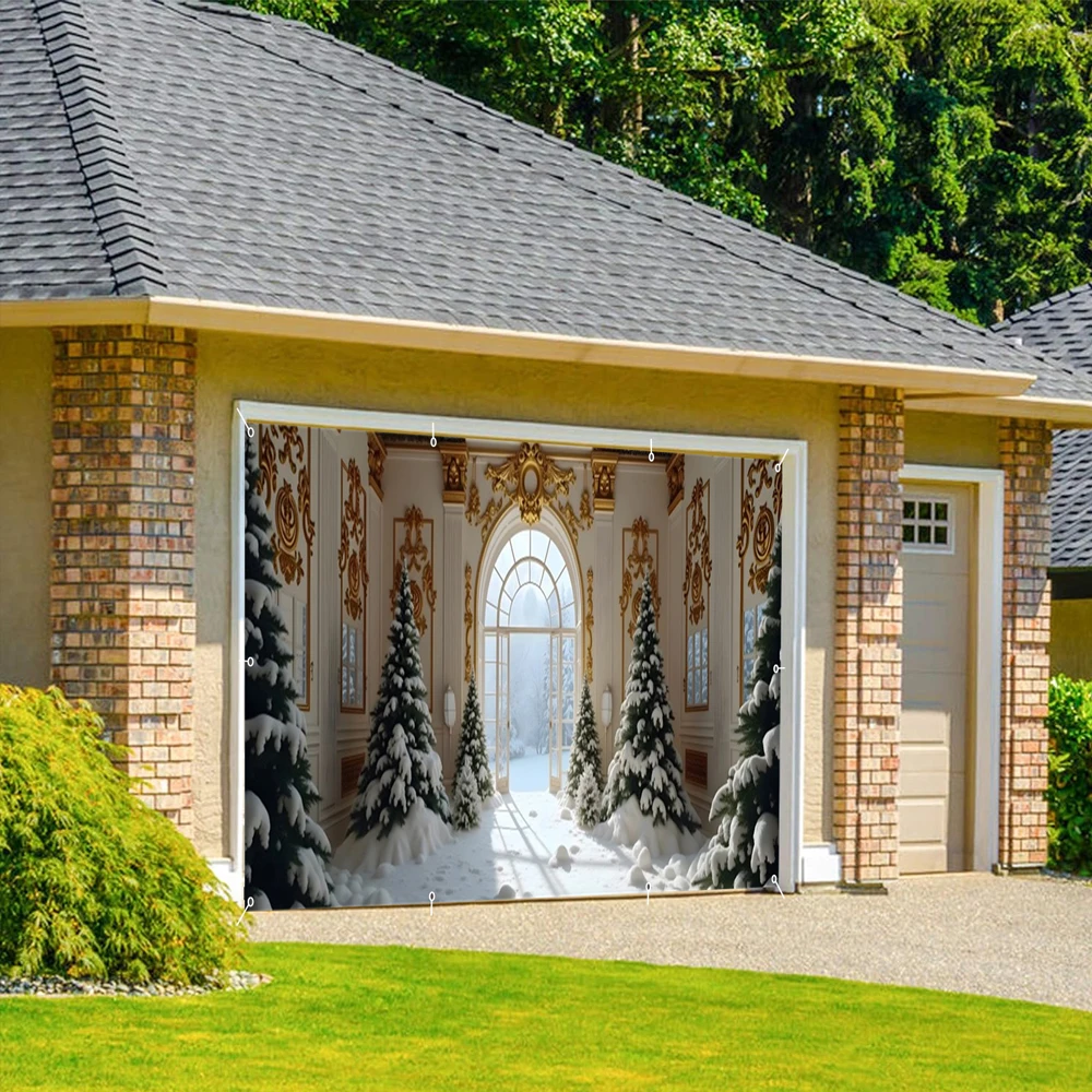 لافتة باب جراج عيد الميلاد من White Palace شجرة عيد الميلاد الشتوية غطاء جراج كبير لعيد الميلاد لمستلزمات حفلات الأعياد الداخلية والخارجية
