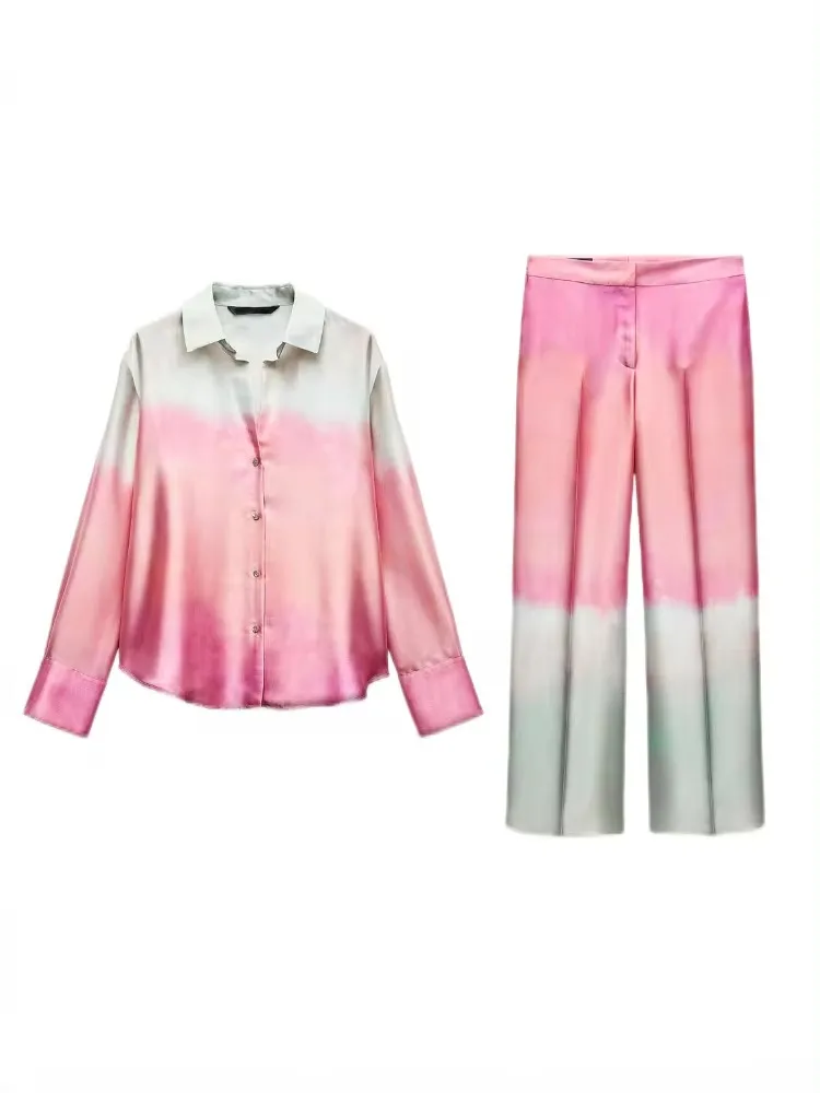 ZBZA Women\'s Tie Dye Print Shirt Pants Set Lapel Long Sleeves Satin Shirt High Waist Wide Leg Silken Pants Fall Female Chic Set