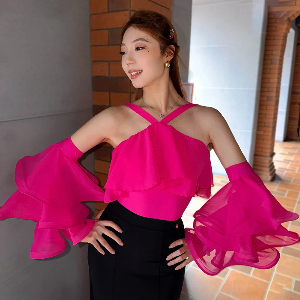Dance Wear Women's Tops Waltz Women's White Sleeveless Ruffle Top Summer Flowing Sexy Leopard Print Practice Jumpsuit