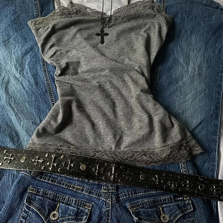 

Women Summer Slim Fit Grunge Tanks 2026 Harajuku Vintage Lace Patchwork Sexy Tank Top Y2k Aesthetic Hollow Out Fairy Camisoles