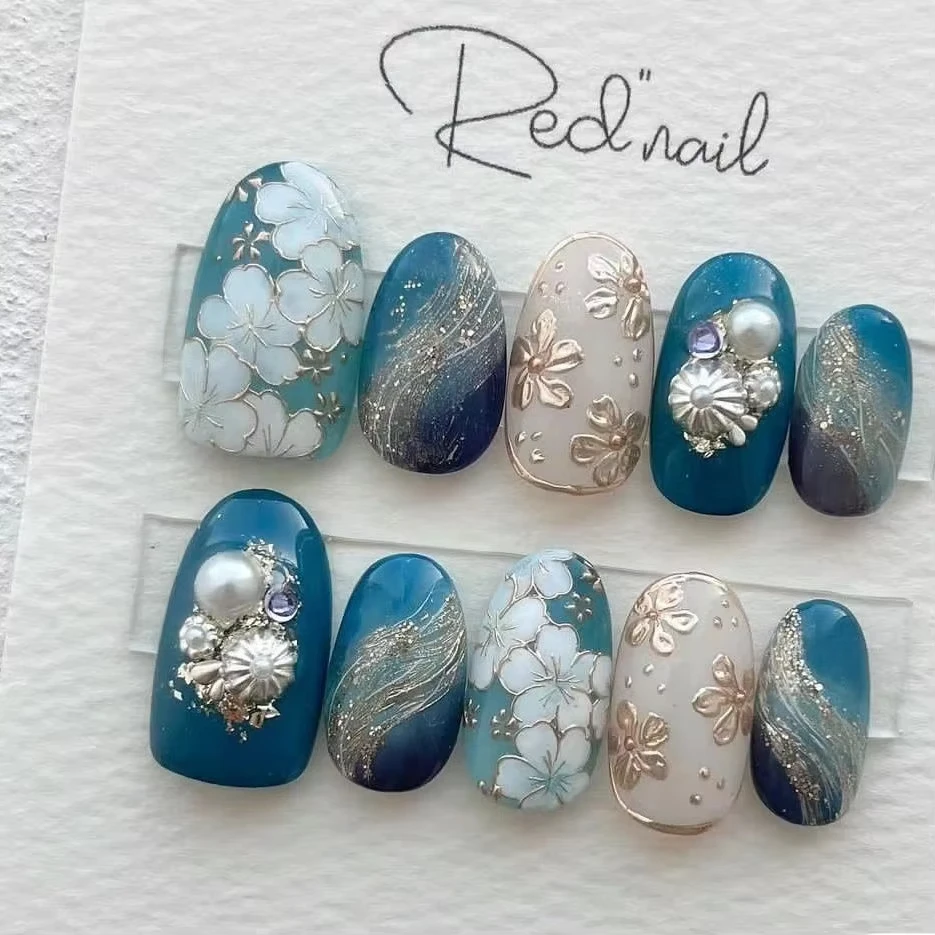 

Pearl flower custom press-on nails, hand-painted false nails, colorful nails, artist imitation nails, reusable high-quality nail