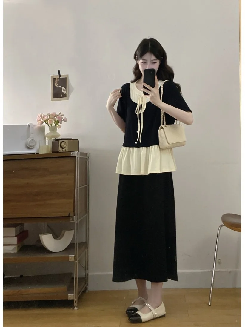 

plus Size Slimming Color Block Short Sleeve T-Shirt And A-Line Skirt Set High Waist Hip Covering Summer Fashion for plus Size...