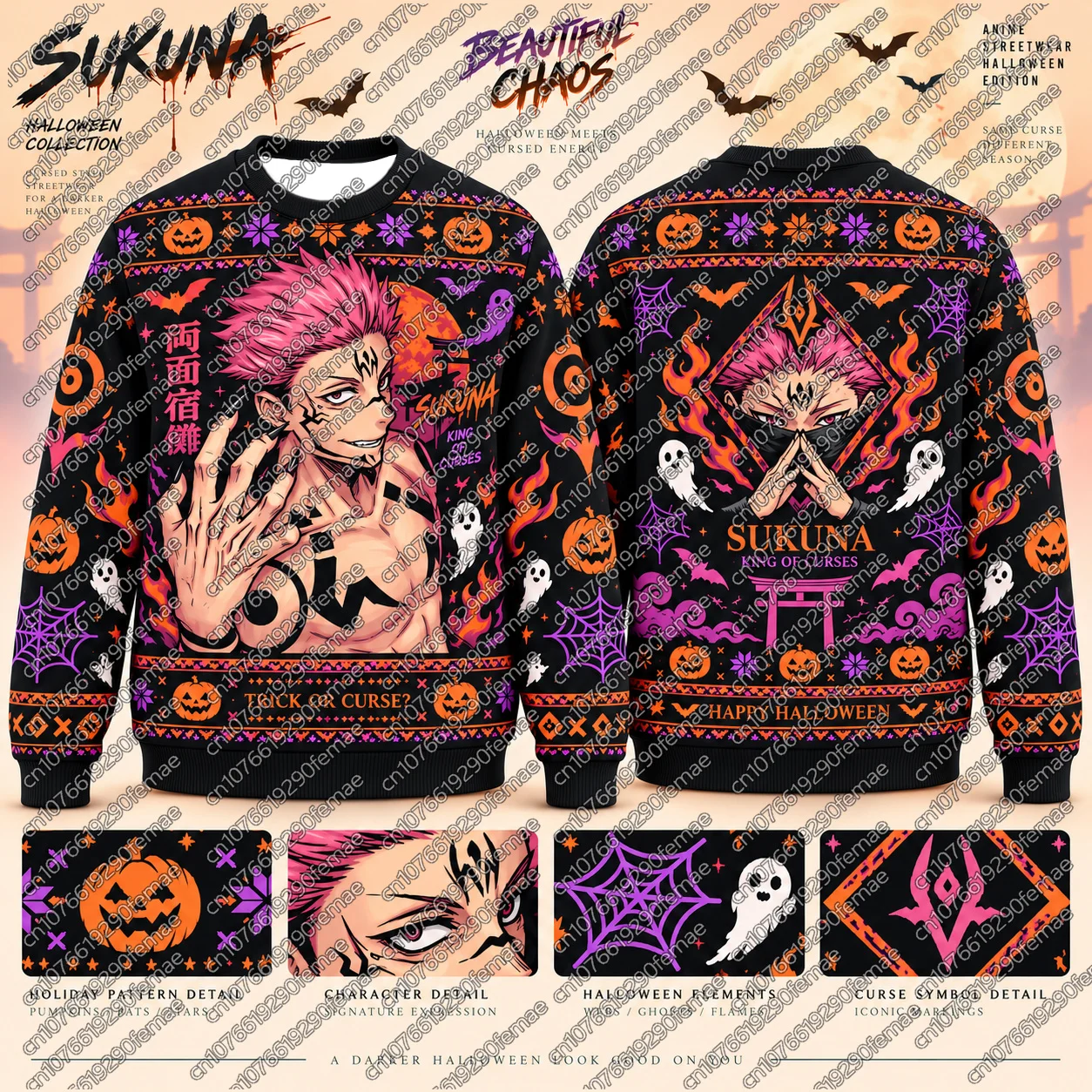JUJUTSU KAISEN Ryomen Sukuna Halloween Ugly Sweatshirt Kids 3D Print Pullover Sweatshirt Spooky Season Party Outerwear