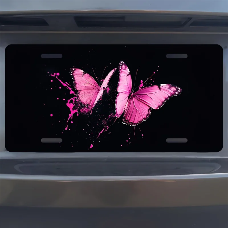 1pc 2D Flat Solely for Decoration Pink Teardrop Butterfly Front Panel, License Plate Cover with Humorous Design Suitable for Men