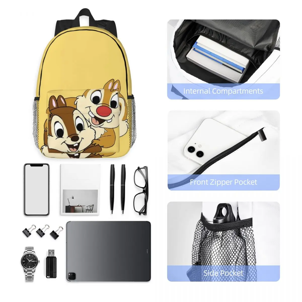 Mochila compacta Chip & Dale de 15 polegadas – bolsa leve e elegante, perfeita para estudantes e viajantes