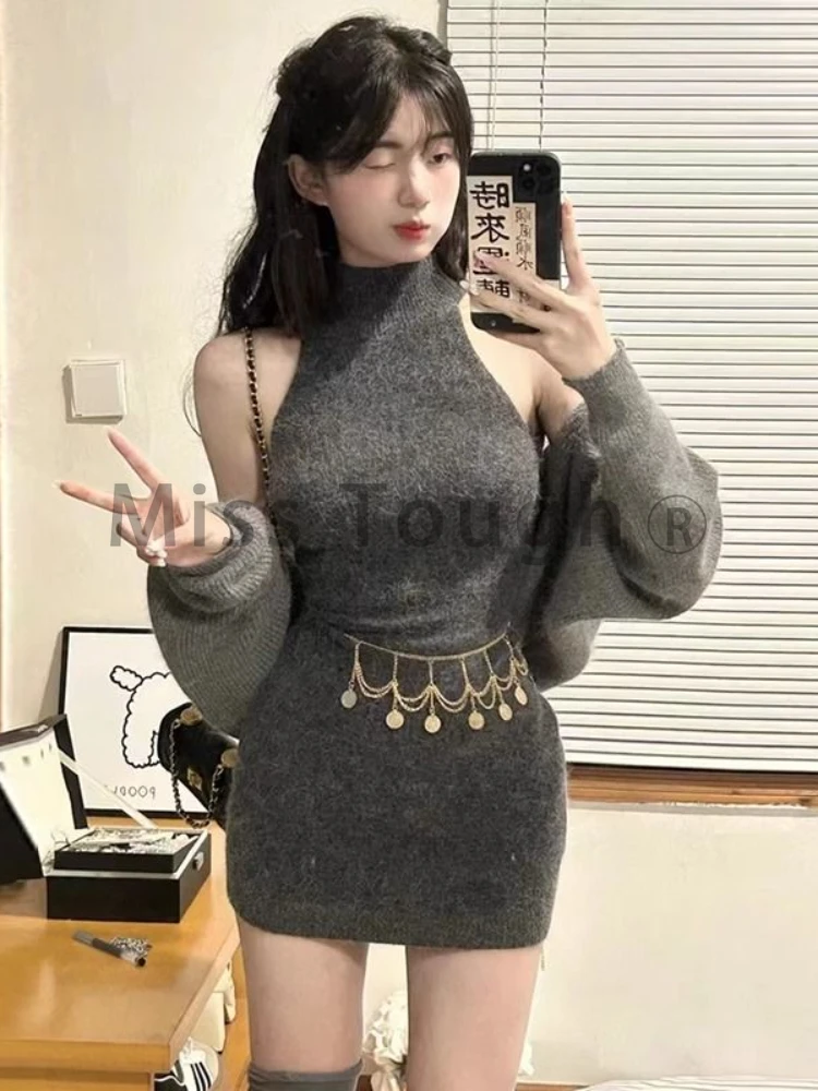 Korean Style Sexy Two Piece Set Women Solid Knitted Cardigan + Slash Neck Mini Dress Female Elegant Casual Party Dress Suit 2023