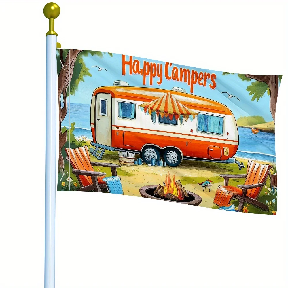 Happy Campers RV Flag Durable Polyester Beach Scene Outdoor Yard Decor Garden Banner
