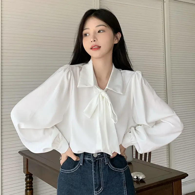 White Shirts Women Bow Casual Cute Ulzzang Students Long Sleeve Fashion Simple All-match Spring Clothing Daily Cozy Elegant Tops