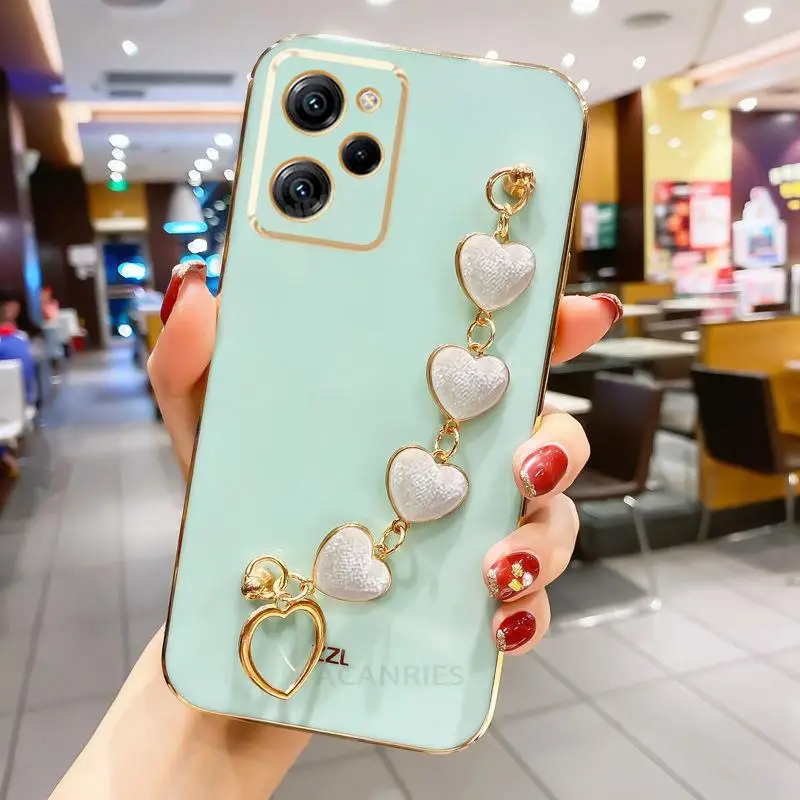 Pocox5 Love Heart Bracelet Case On For Xiaomi Mi Poco X5 Pro X4 X4pro 5g X5pro X3 M4 M5 F4 Gt F3 M3 Chain Plating Silicone Cover