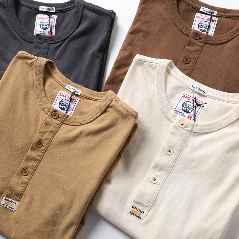 Retro American Khaki Waed Pure Cotton Henry Collar ort Sve T-irt Men Summer Comfortable Base Layer f Sve Tee
