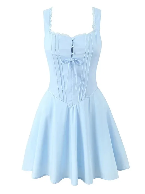 Nuevo 2025 mujeres azul elegante fiesta Mini vestidos Sexy sin mangas de cintura baja A-line vestido de verano con cordones en la espalda bata vestidos W4BW