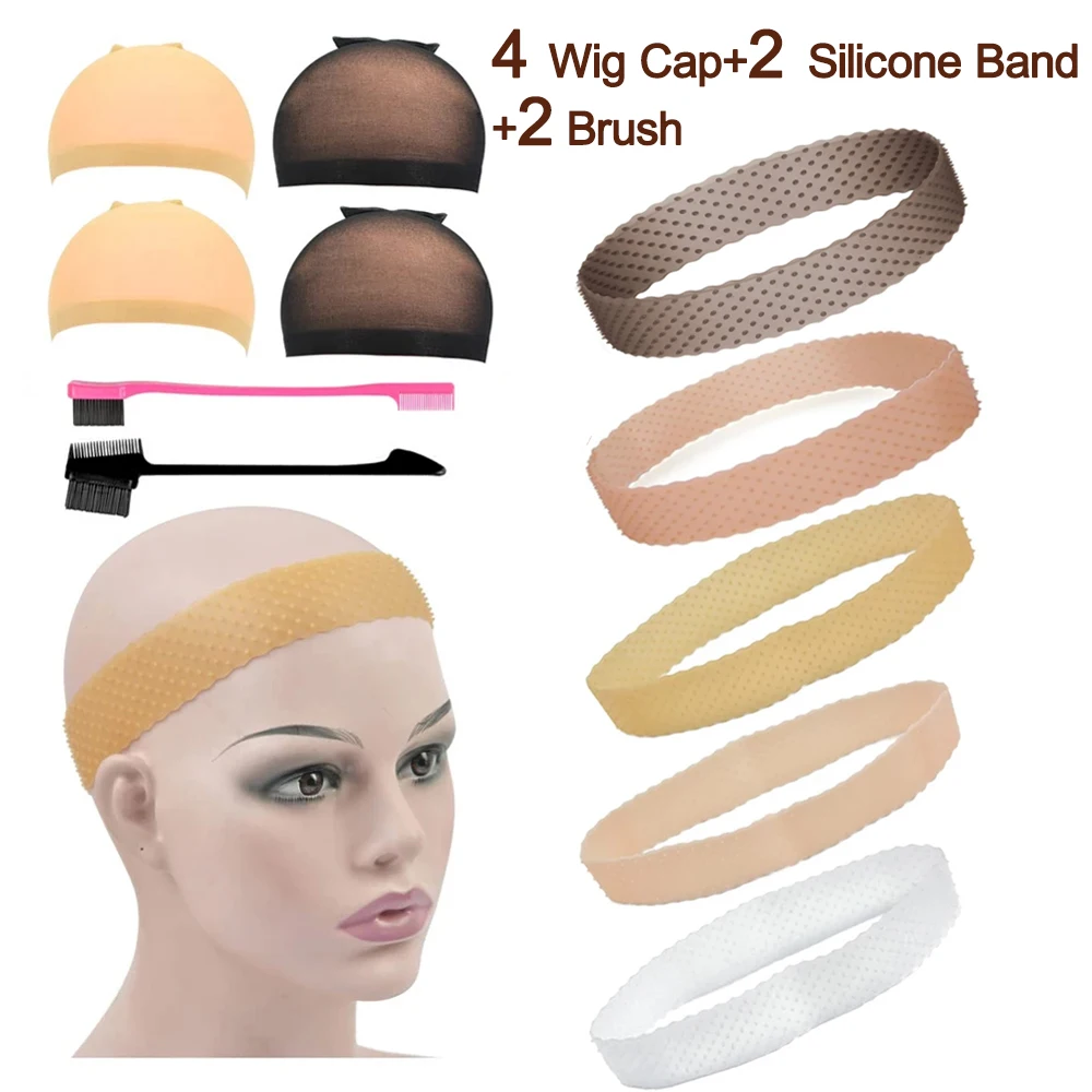 

8-Pack Breathable Silicone Wig Band Non-Slip Elastic Grip Headbands with Stocking Cap Hairbrush for Fixed Wigs