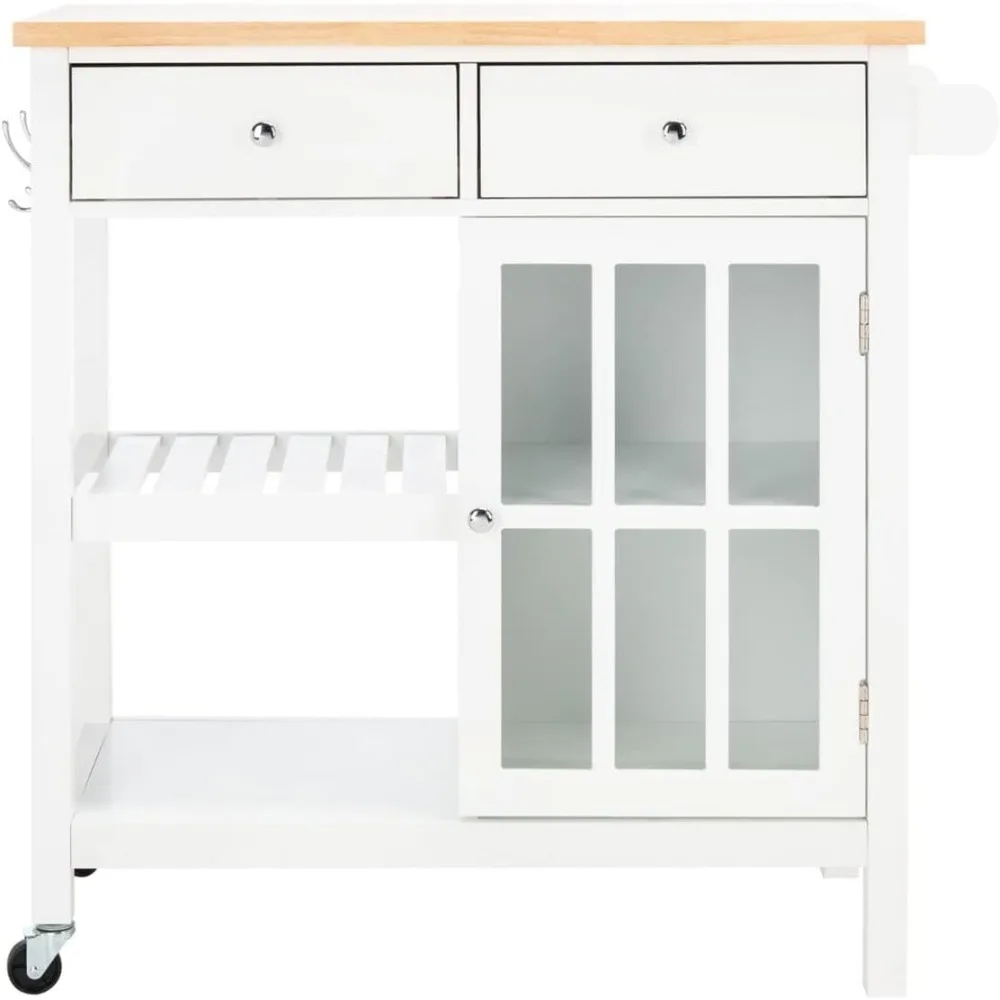 Kitchen trolley, white/natural 2 drawers and 3 hooks, storage trolley kitchen trolley with wheels，17 L x 33 W x 35 H inches