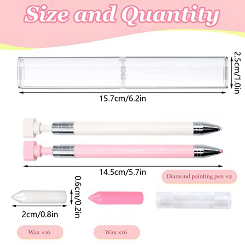 34 Pcs Diamond Painting Pens Kit 2 Pcs Refillable Wax Pen With 32 Pcs Wax (Pink)